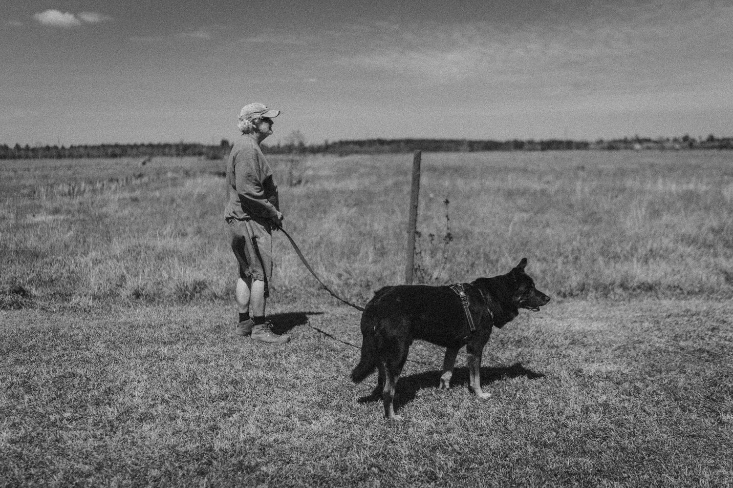 Person in cowboy hat walking black dog on leash through open rural field.