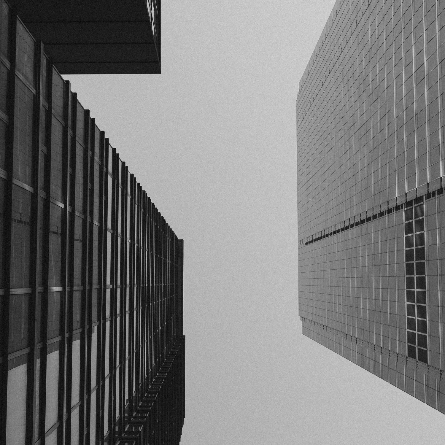 Black and white upward view of two modern glass skyscrapers converging against a gray sky.