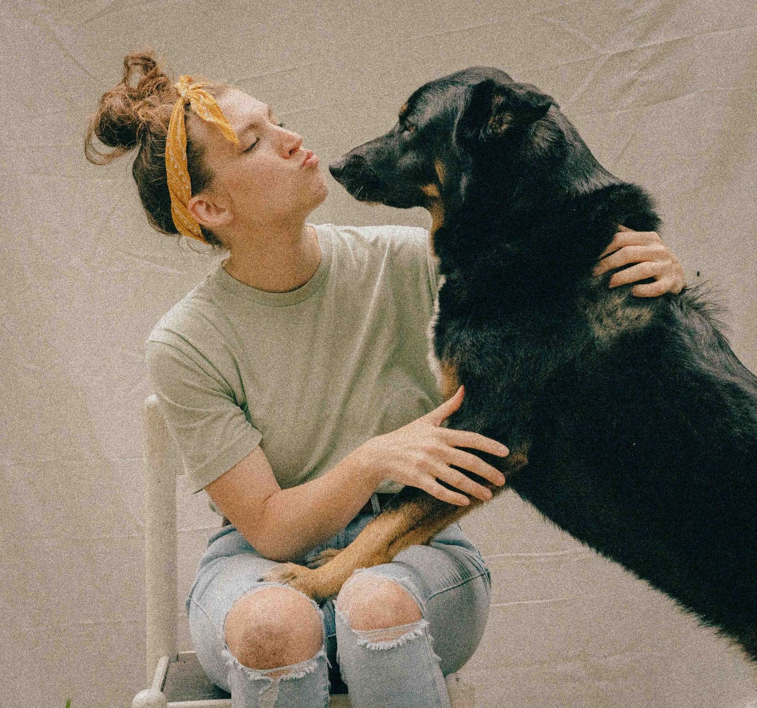 Young woman in ripped jeans shares a tender moment with her large black dog on a neutral background.