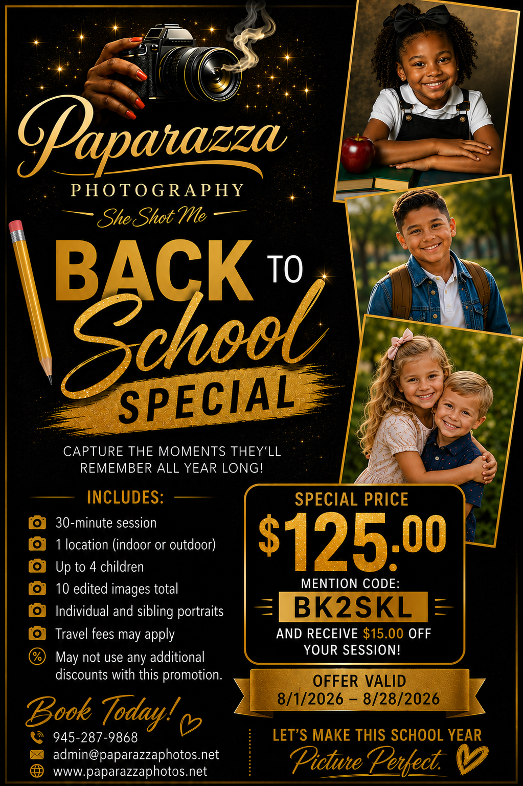 Paparazza Photography Back to School Special flyer featuring children portraits, $125 session deal valid August 2026.