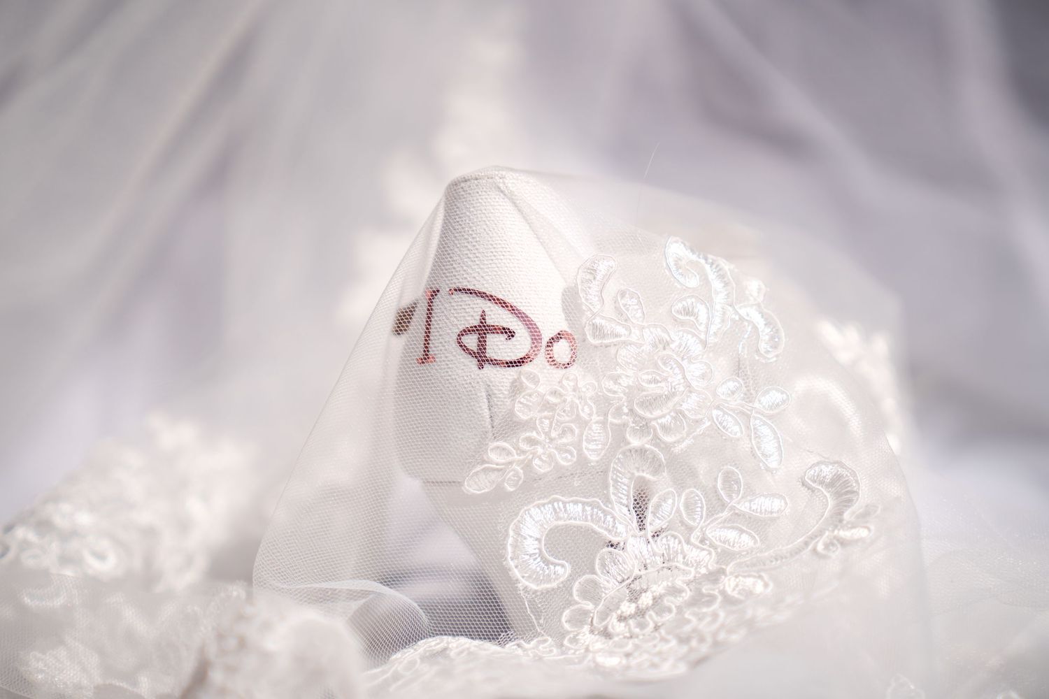 White wedding shoe with 'I Do' inscription resting on lace bridal veil fabric.