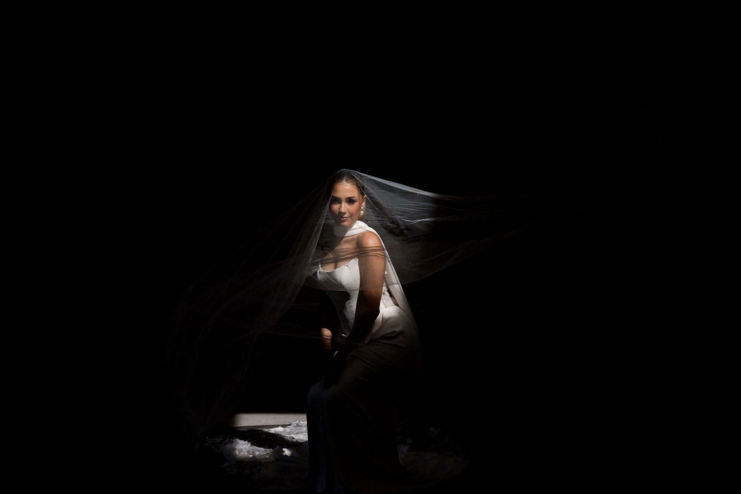 Bride in white gown and veil dramatically lit against dark background, elegant wedding portrait photography.