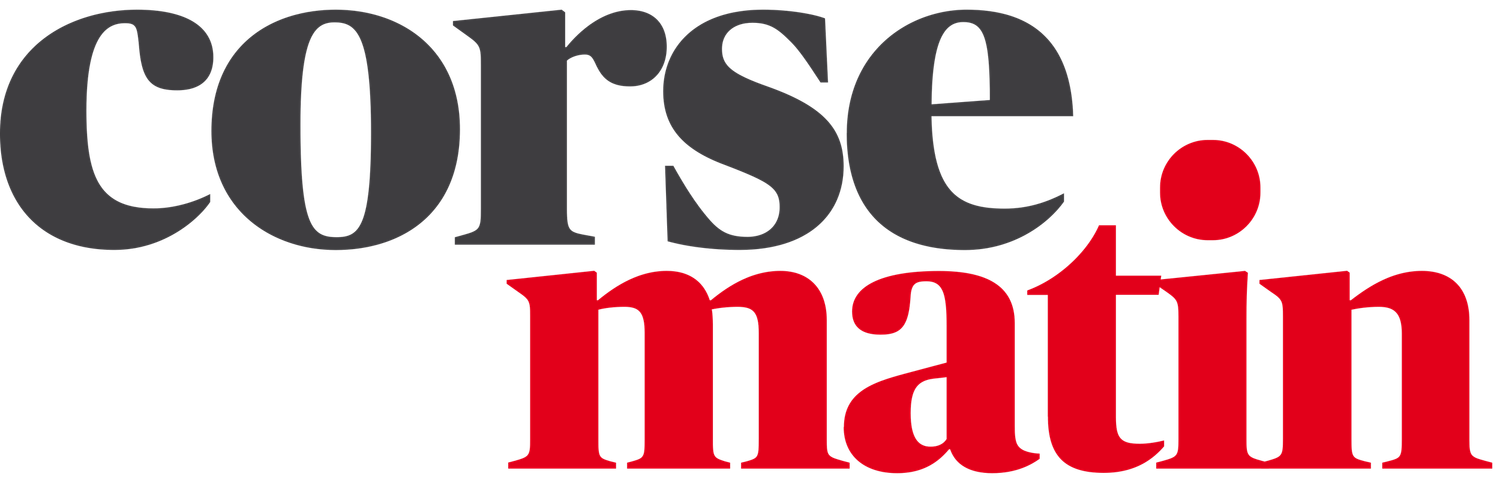 Logo du journal régional Corse Matin en caractères gras gris foncé et rouges sur fond blanc.