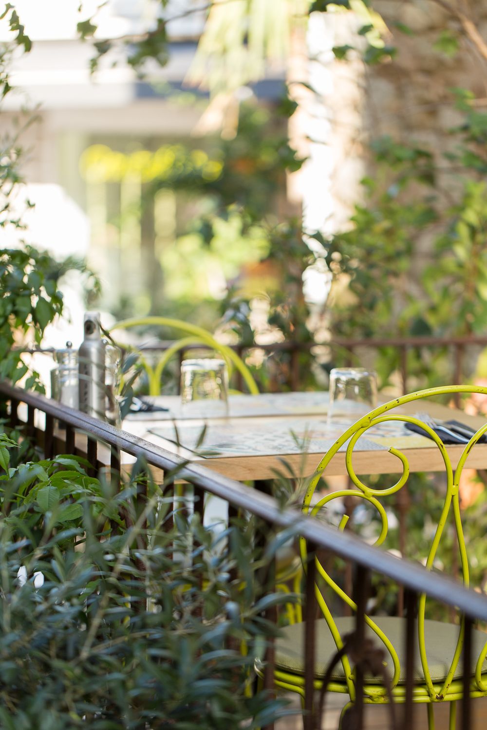 Des plantes verdoyantes luxuriantes encadrent des chaises en fer jaune et des tables dressées sur la terrasse ensoleillée d'un restaurant.