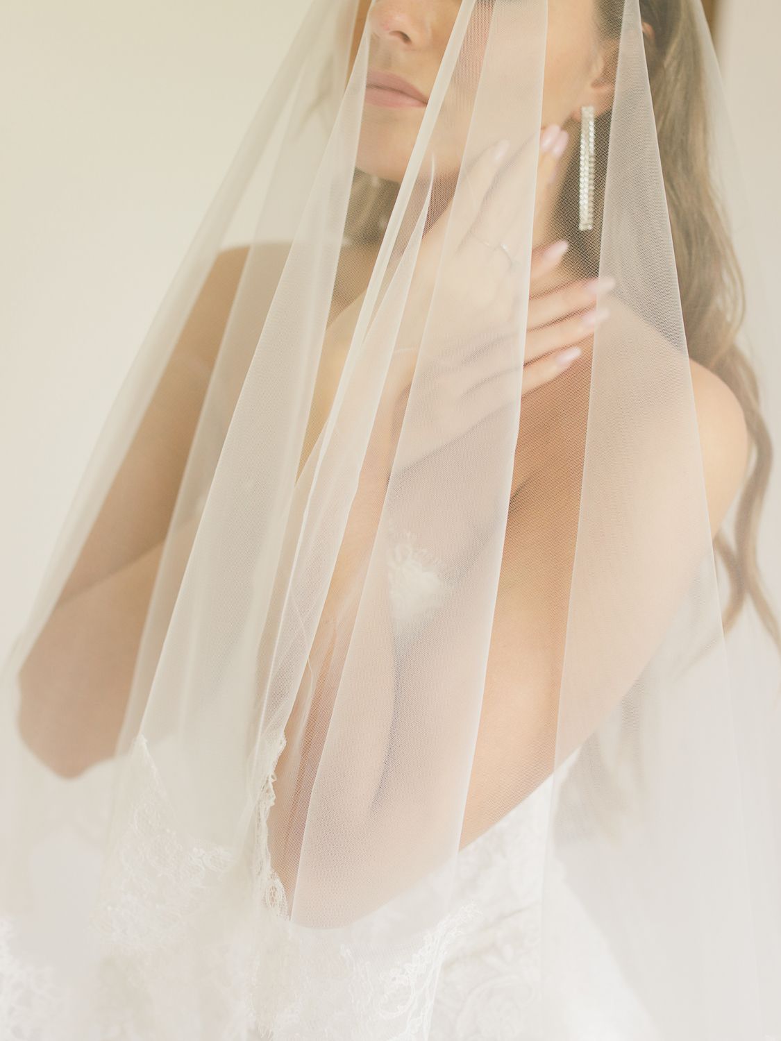Bride wearing a delicate tulle wedding veil draped over her face, with lace gown details visible.