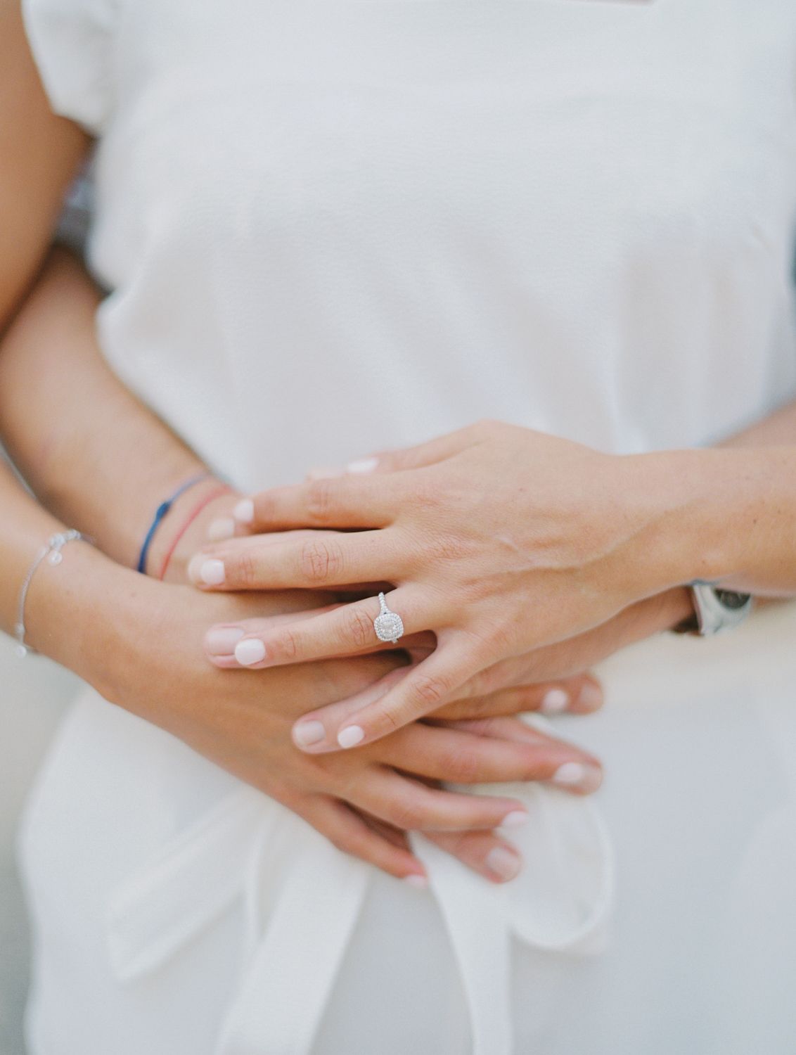 Gros plan sur les mains de deux personnes jointes, l'une portant une bague de fiançailles en diamant étincelante et un bracelet délicat.