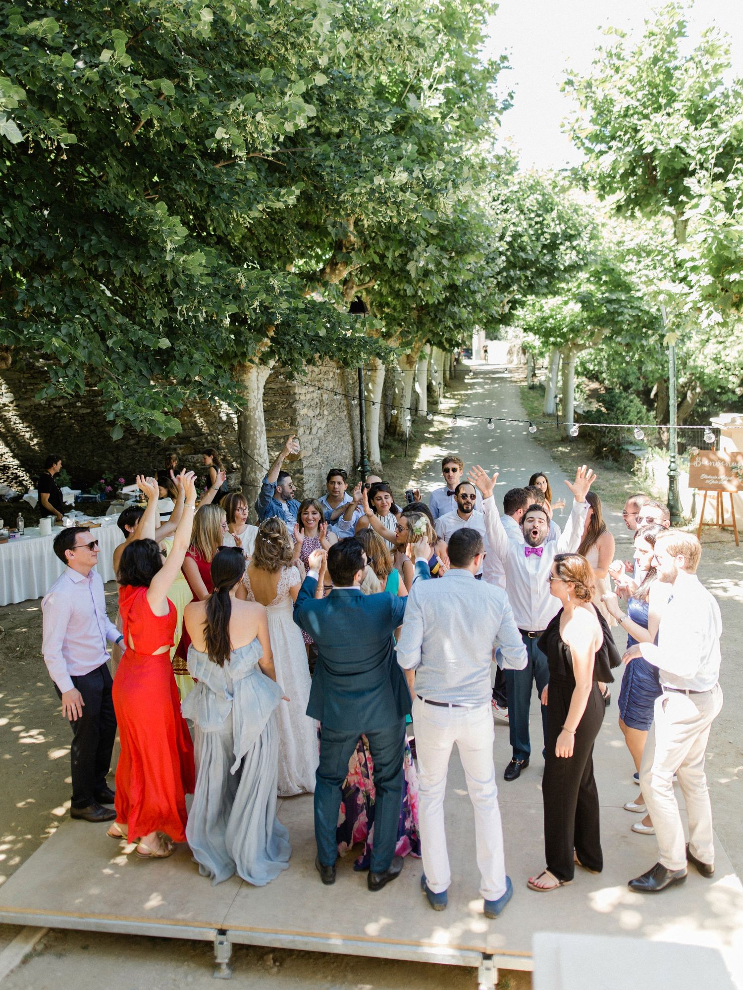 Guests celebrate outdoors at a wedding reception, raising hands joyfully under lush green trees on a sunny day.