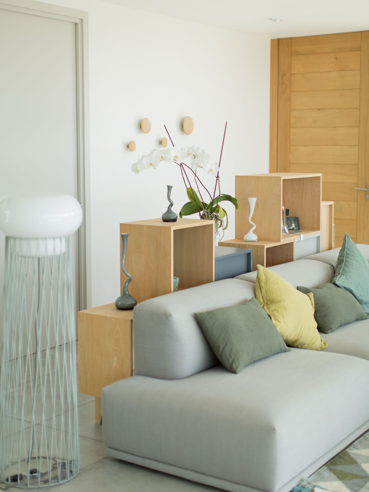 Salon moderne et lumineux avec canapé gris, coussins colorés, étagères en bois, orchidée blanche et poignées murales décoratives.