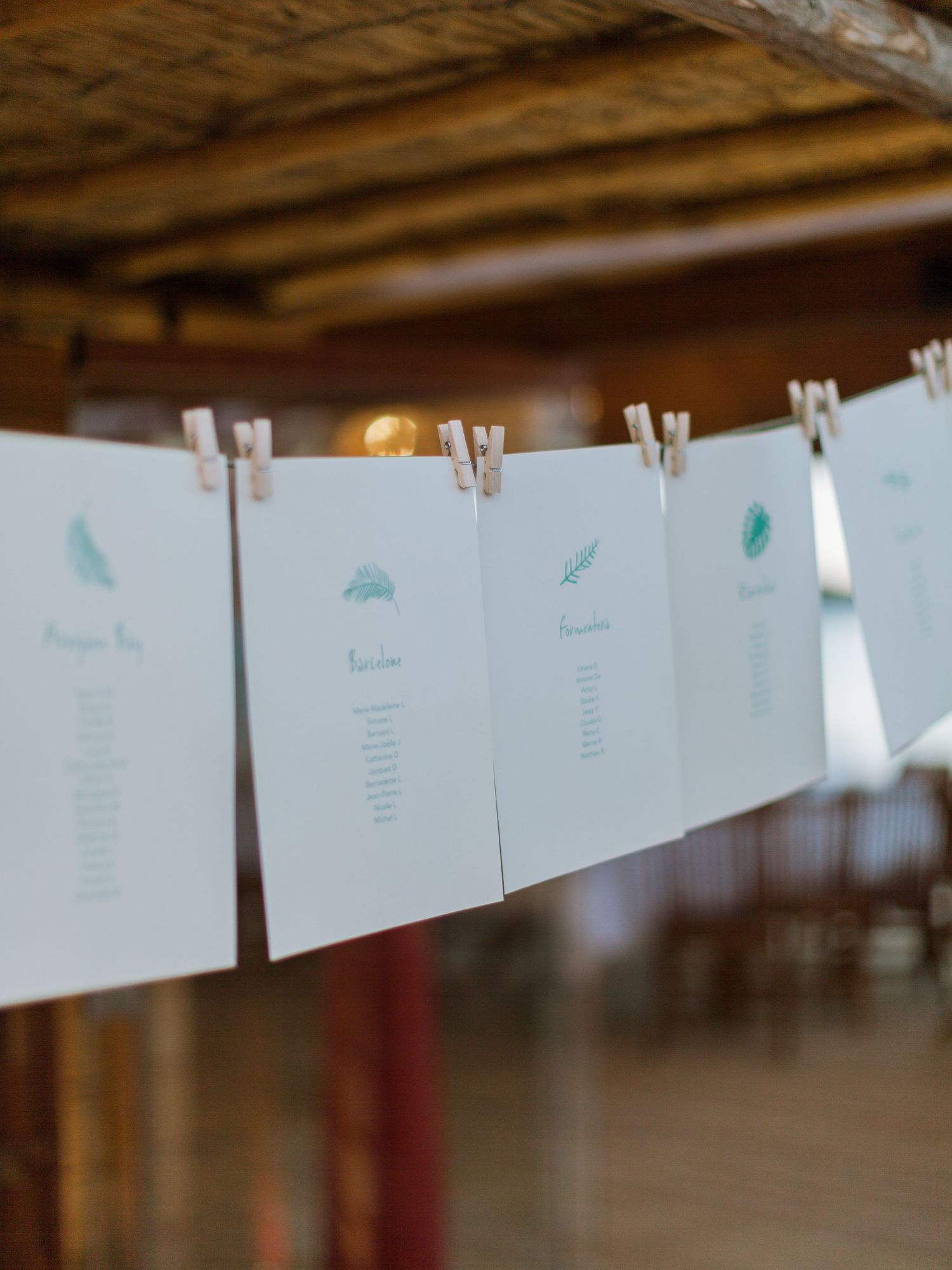 Des cartes blanches ornées d'illustrations botaniques turquoise sont suspendues à une ficelle à l'aide de pinces à linge en bois