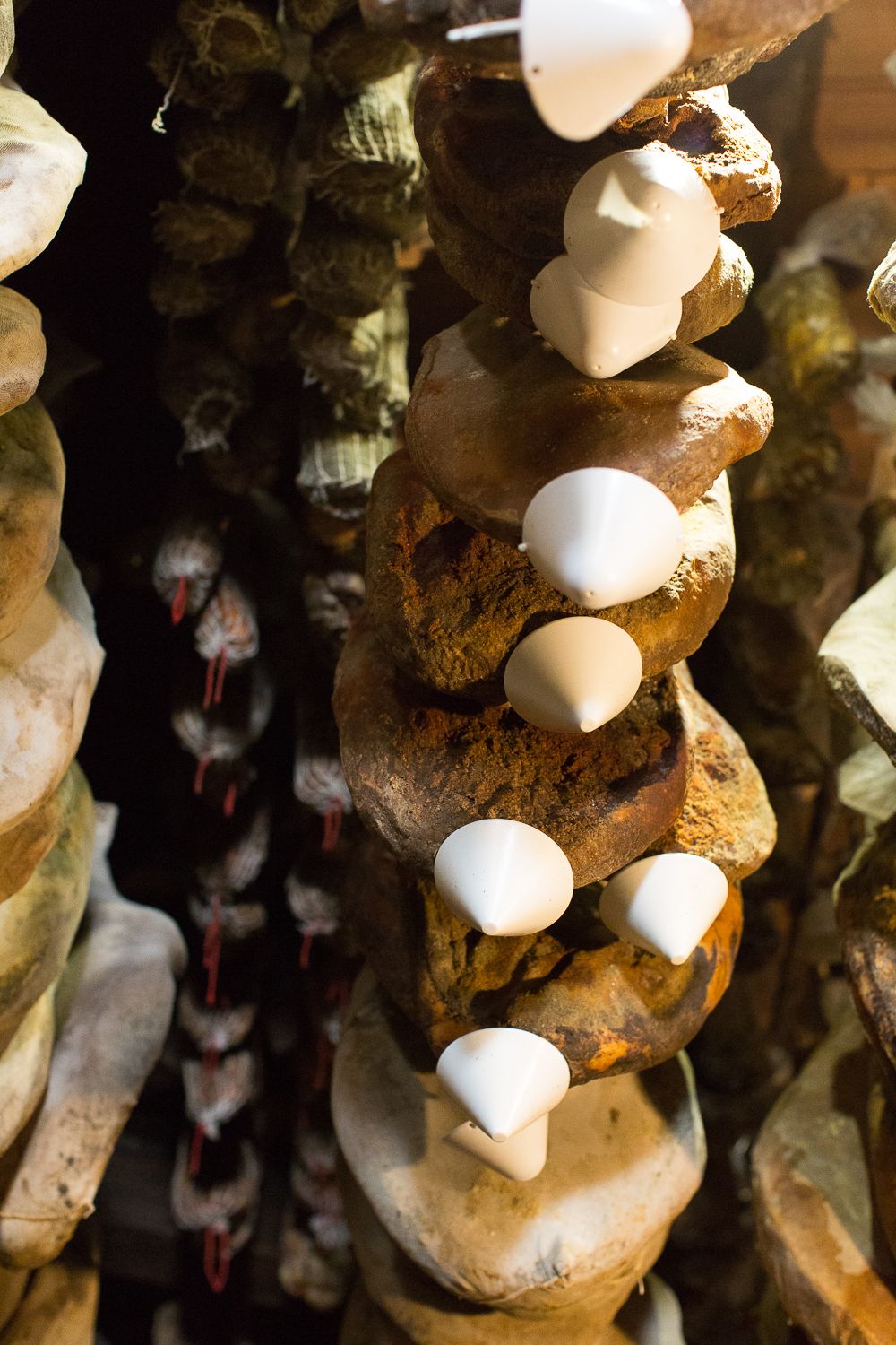 Fromages affinés traditionnels suspendus et charcuteries exposés dans une épicerie fine corse rustique à L'orriu Porto-Vecchio.