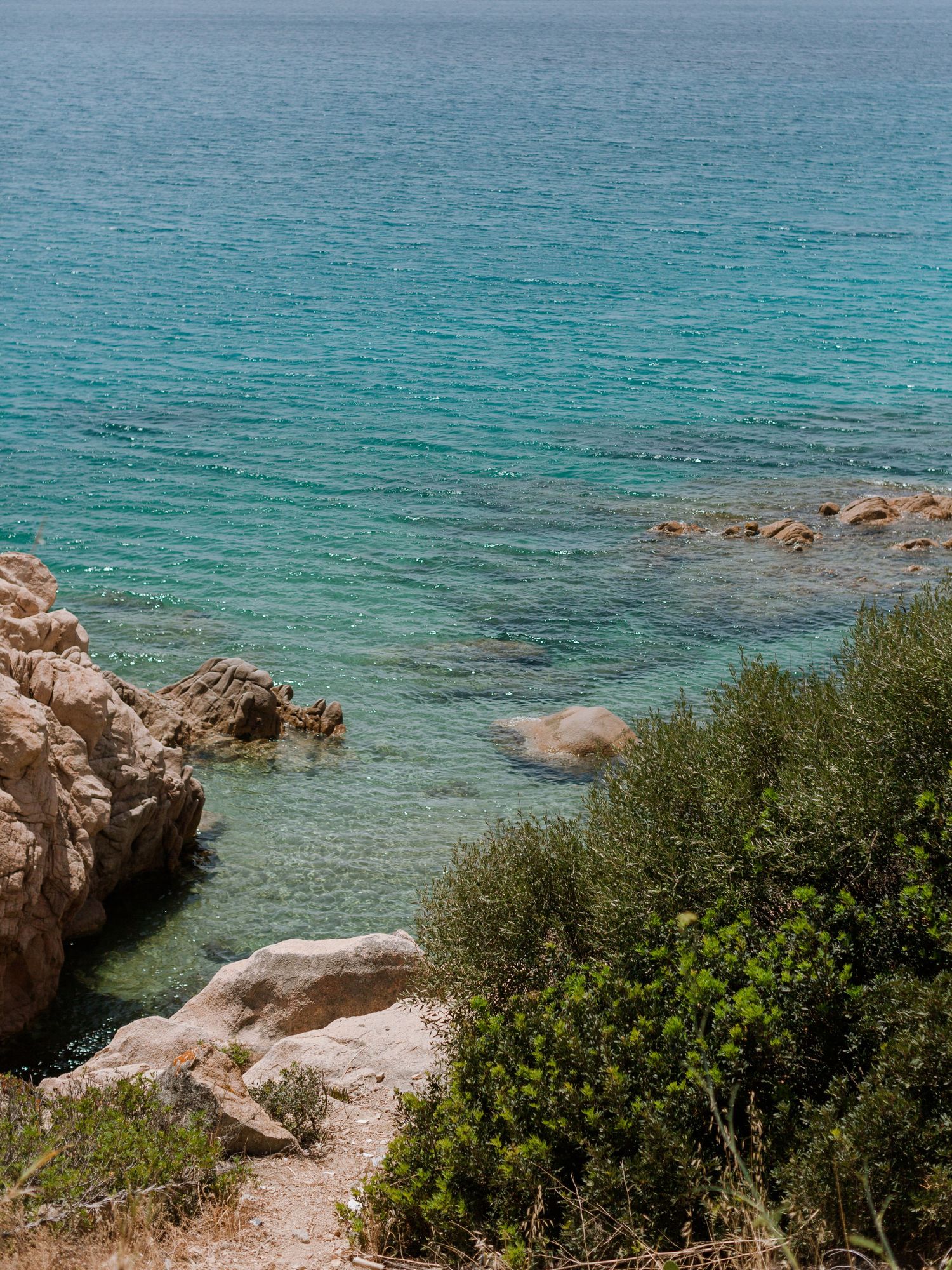 Mer Méditerranée turquoise et limpide, avec un littoral rocheux et des arbustes d'un vert luxuriant sous un soleil éclatant.