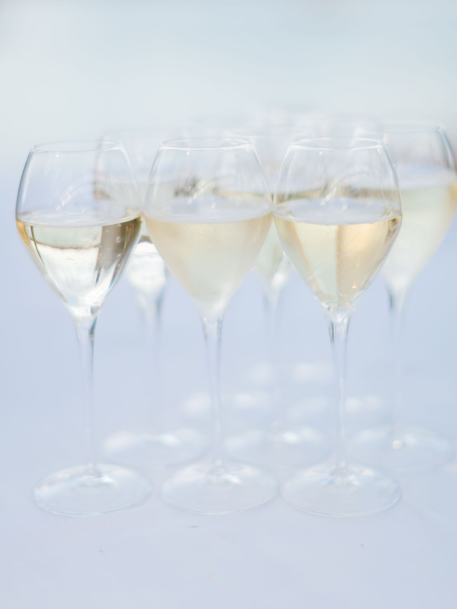 Plusieurs élégants verres à vin remplis de vin blanc, disposés en rangées sur un fond blanc doux.