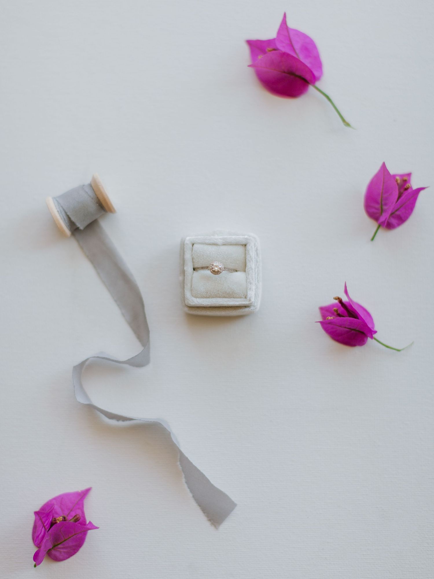 Une bague de fiançailles en diamant dans un écrin en velours blanc, entourée de fleurs de bougainvillier roses et d'un ruban de soie grise,