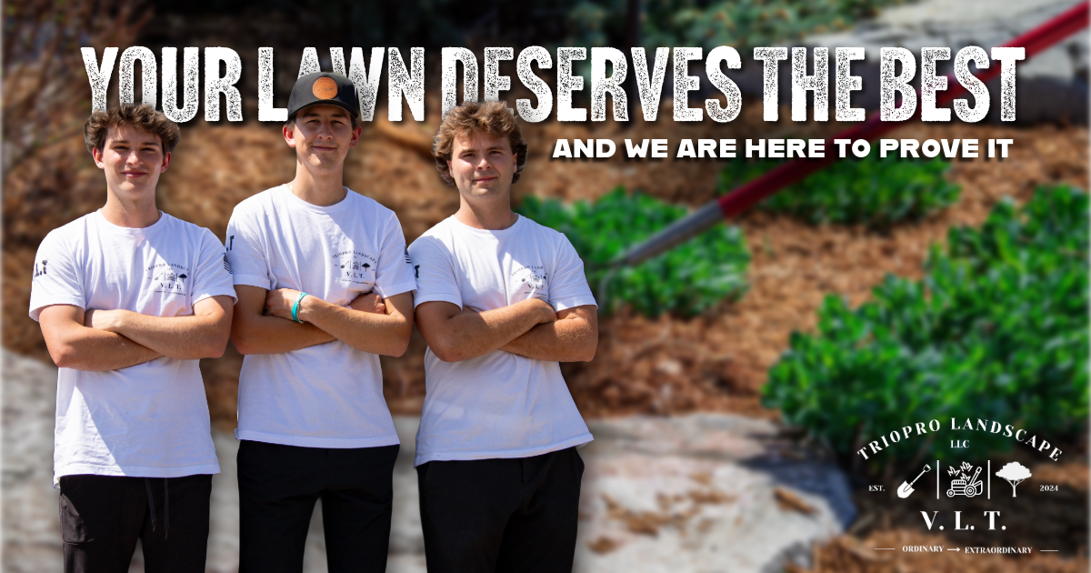 TRIO Landscaping team standing outdoors in front of greenery, featured in a Silver Lining Marketing brand photography case study.