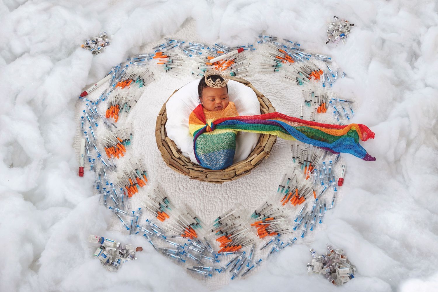 Newborn baby sleeping in a basket surrounded by a rainbow knit blanket and syringes in a creative photo.