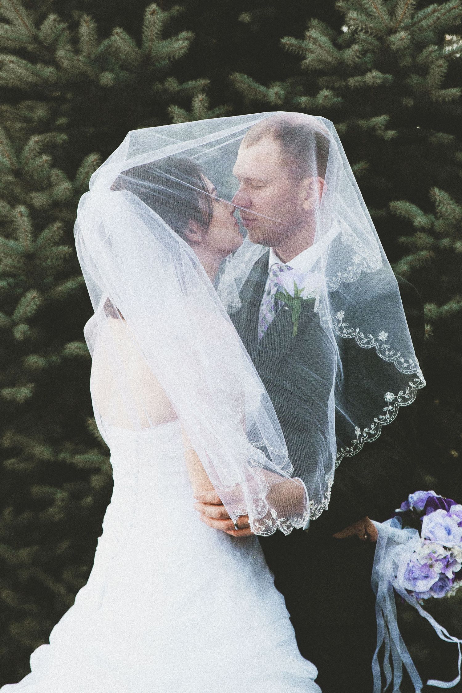 Bride and groom sharing a romantic kiss under a flowing white wedding veil outdoors near evergreen trees.