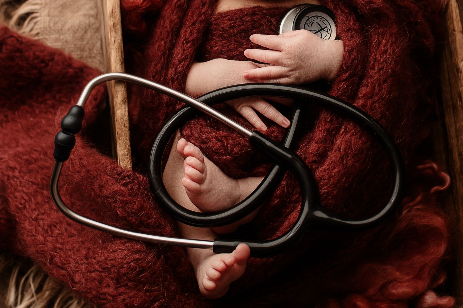Close-up of newborn baby feet and hands wrapped in red knit blanket with stethoscope.