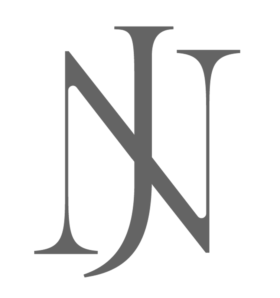 Elegant NJ monogram logo in gray serif font with overlapping letters for a sophisticated brand identity.