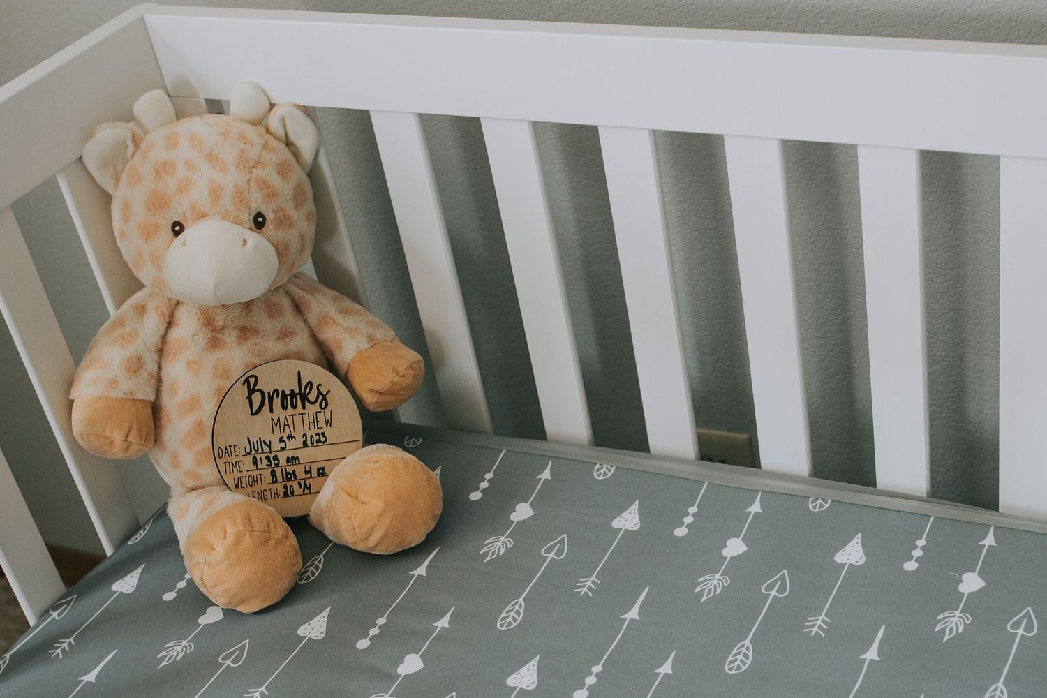 Giraffe stuffed animal with personalized birth stats disc sitting in a white baby crib.