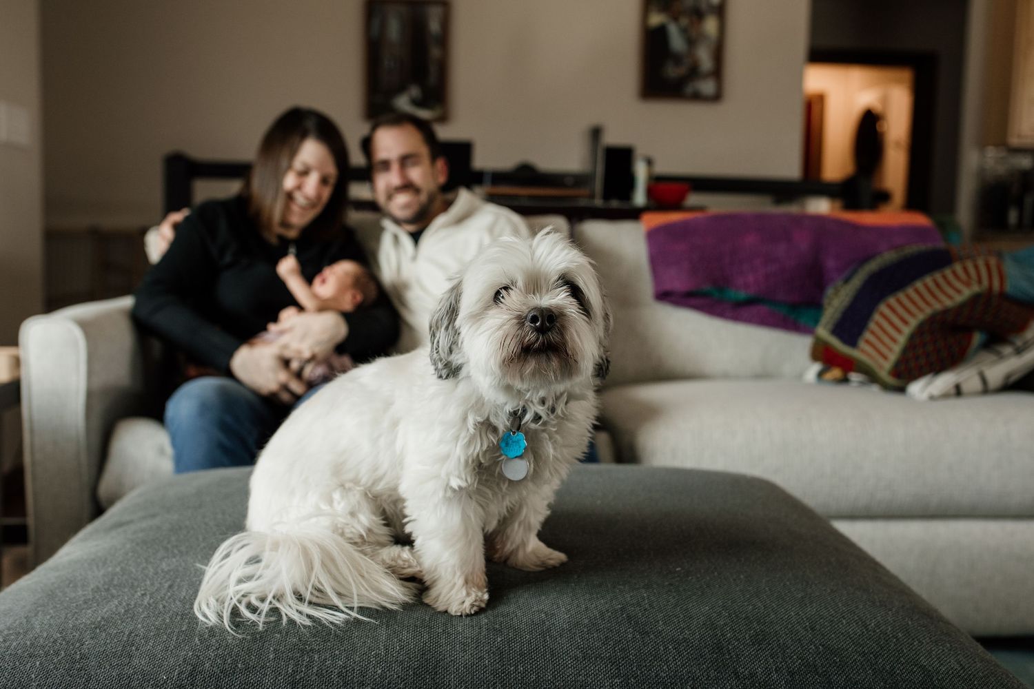 Smiling couple holds newborn baby on couch while white fluffy dog sits in foreground.