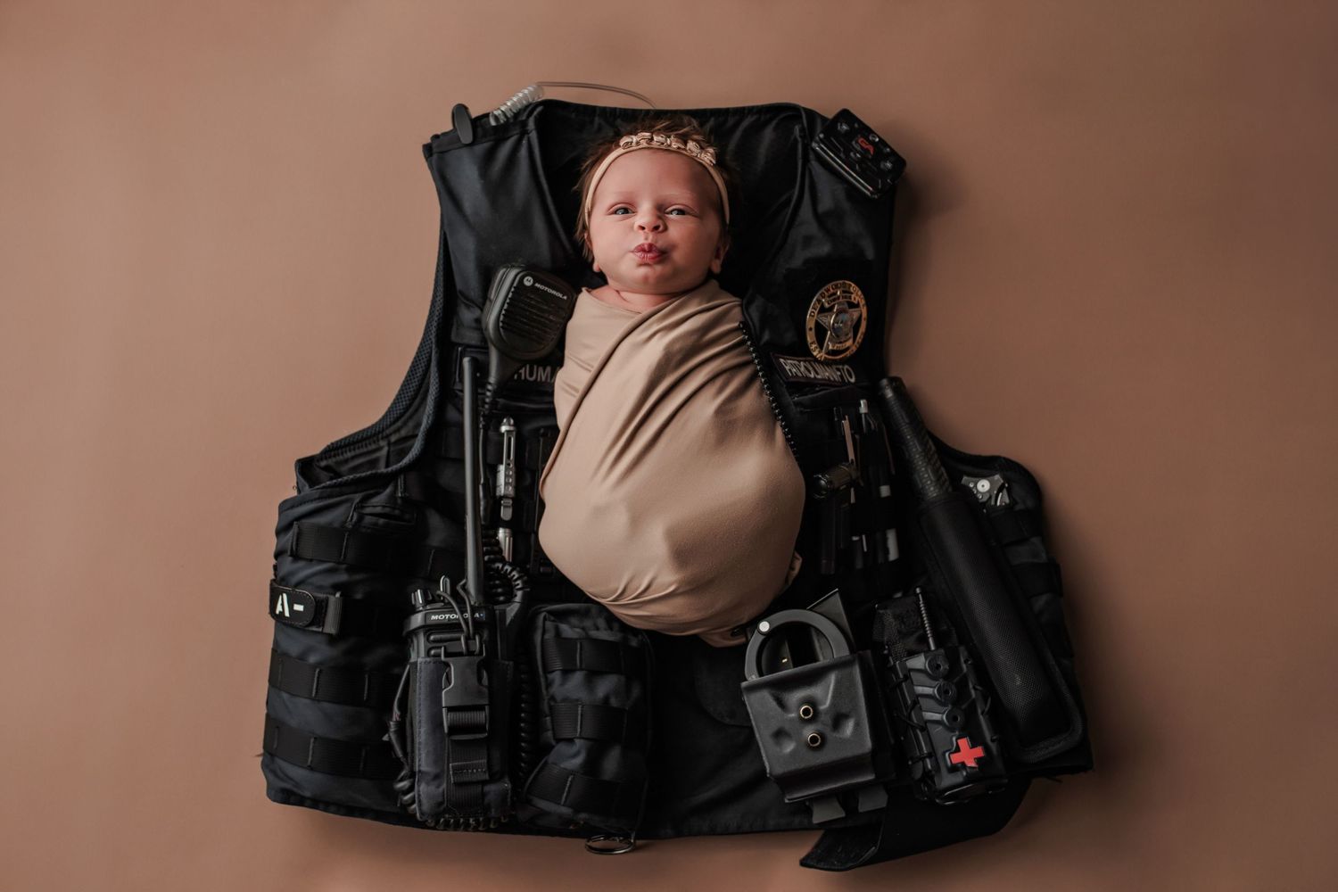 Swaddled newborn baby posed on a tactical law enforcement vest for photo.