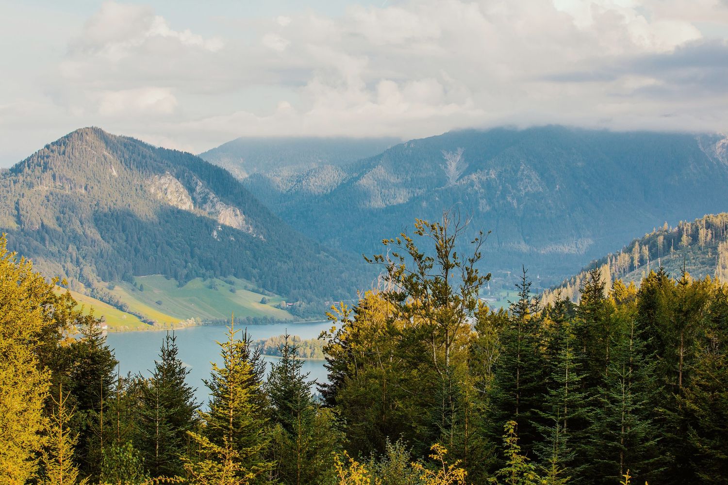 Scenic mountain landscape with lush green forests, a tranquil lake, and misty blue peaks under a partly cloudy sky.