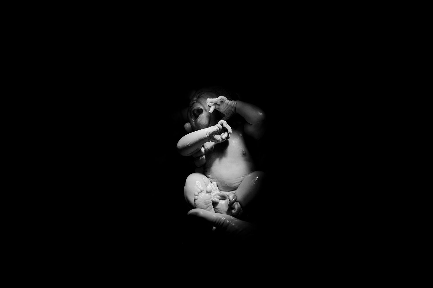 Black and white photo of a newborn baby curled up in fetal position.