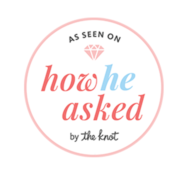 As Seen On HowHeAsked by The Knot circular badge logo in pink and blue.