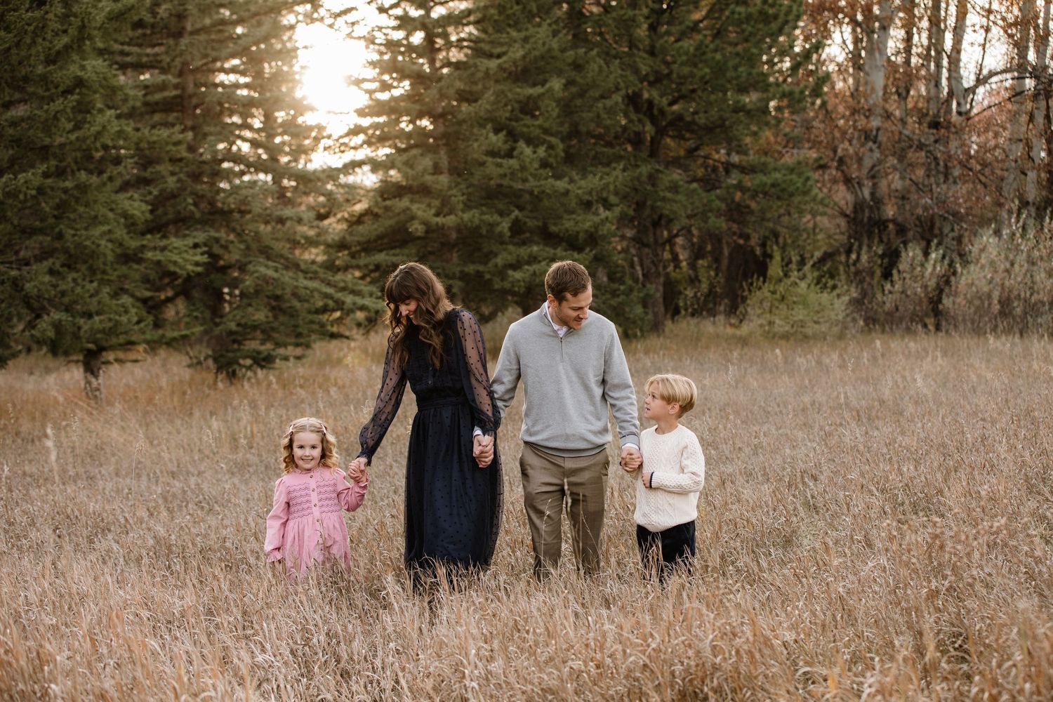Family of four walking hand-in-hand through a golden meadow with pine trees at sunset.