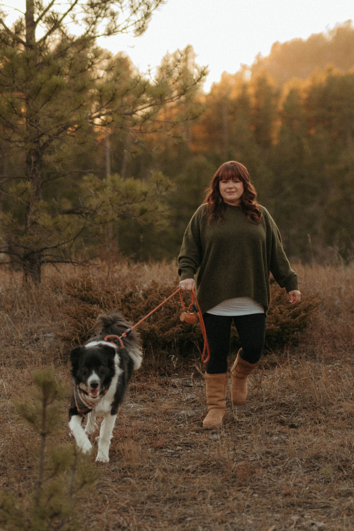 Woman in olive green sweater walking border collie on red leash through dry autumn meadow at sunset.