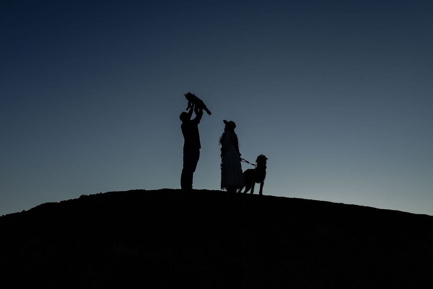 Silhouette of a family with a dog lifting a child against a deep blue dusk sky on a hilltop.