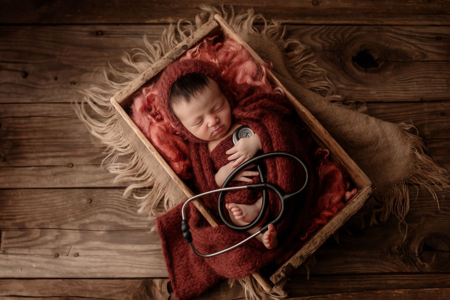 Sleeping newborn baby swaddled in red wrap with stethoscope in rustic wooden crate.
