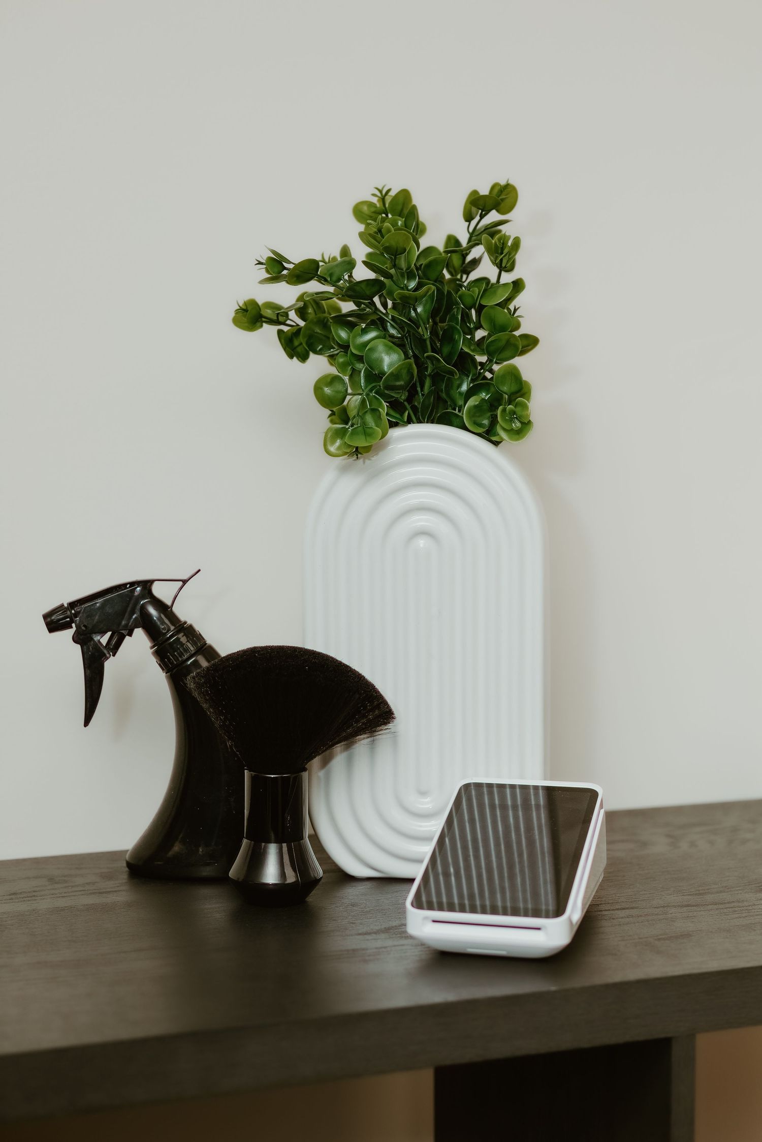 White arch vase with green plant, black spray bottle, and smartphone on a dark wooden shelf.