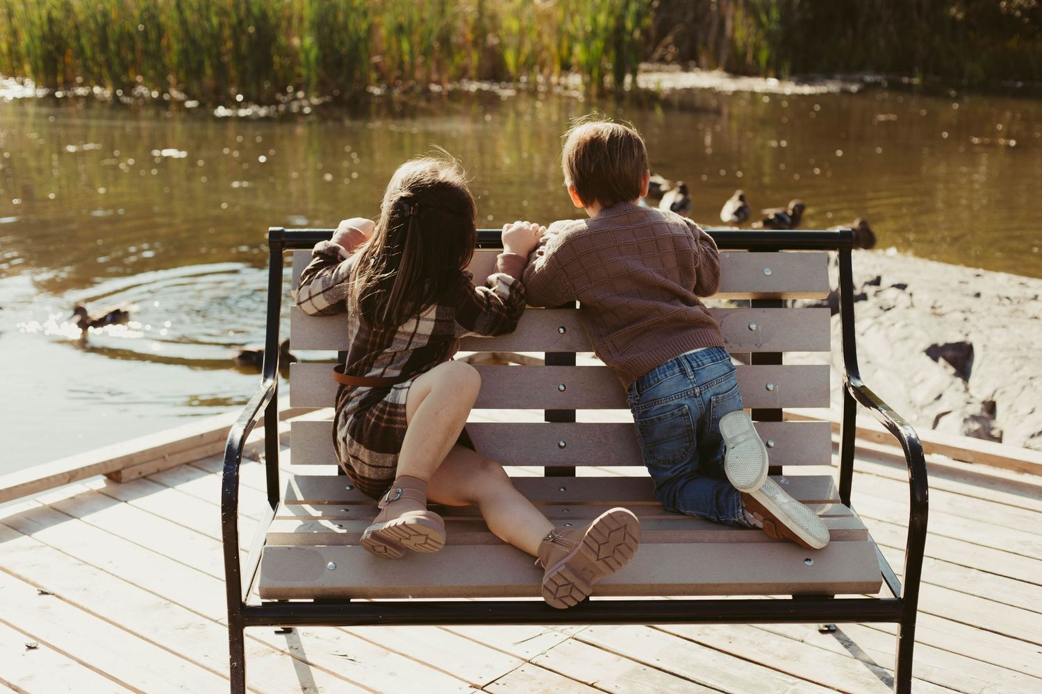 Two children sit on bench by pond feeding ducks on sunny autumn day.