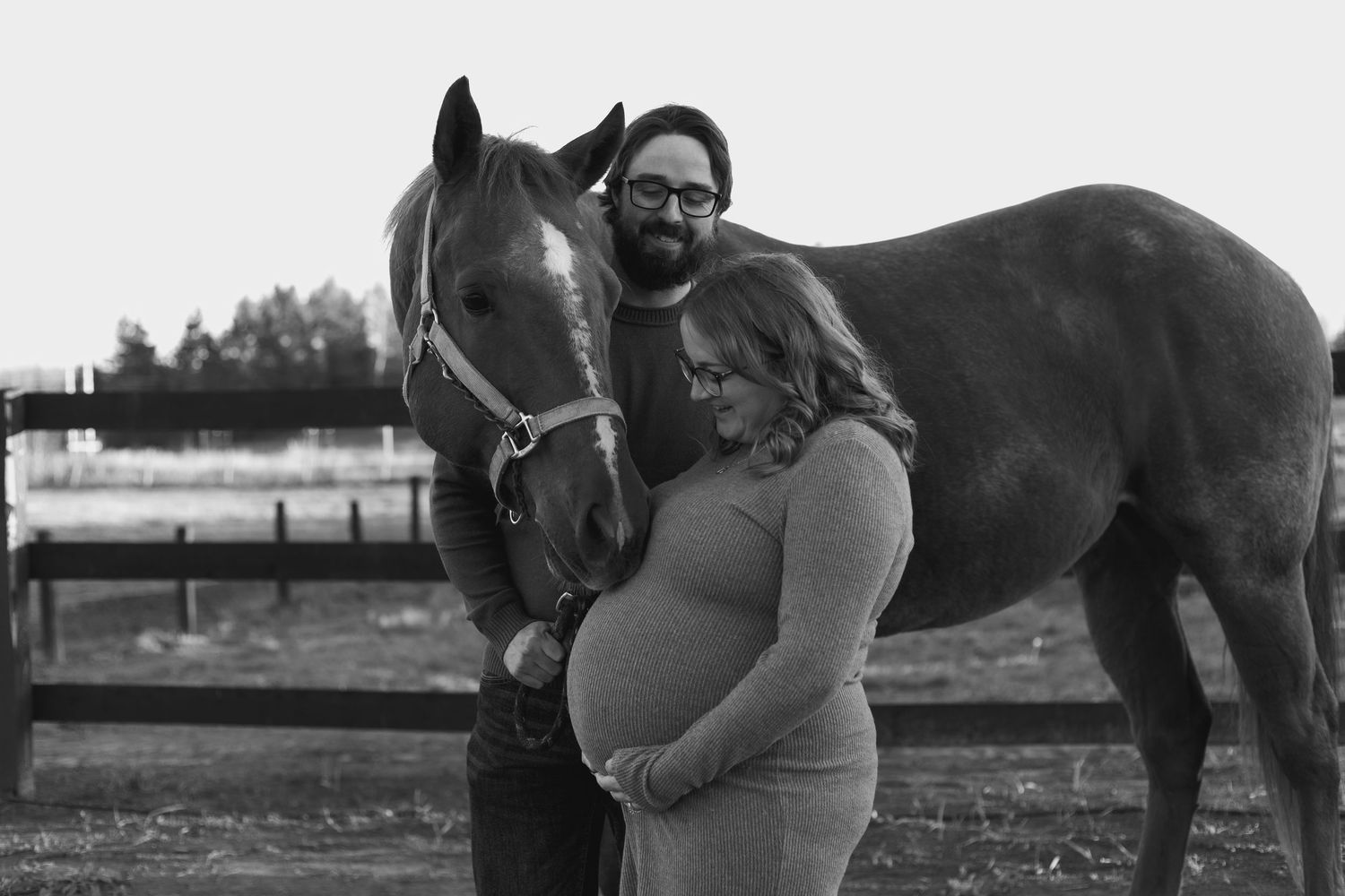 An expectant couple shares a tender moment beside a horse at a farm in a black and white photo.