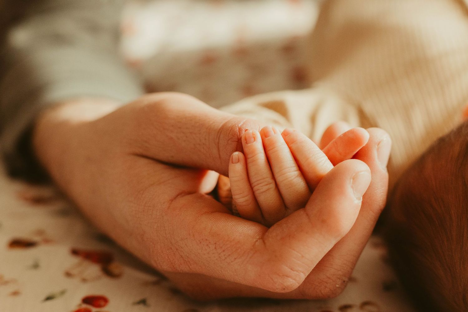 Close-up of a newborn baby's tiny hand resting in a parent's palm on a floral surface.
