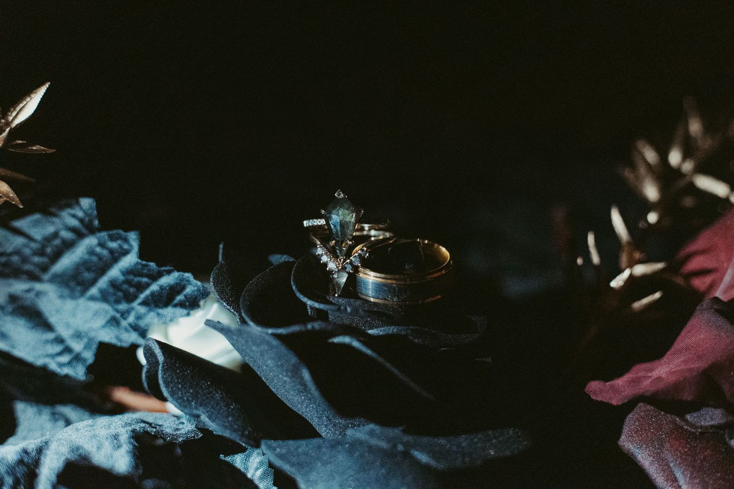Close-up of wedding and engagement rings resting on dark floral fabric with dramatic moody lighting.