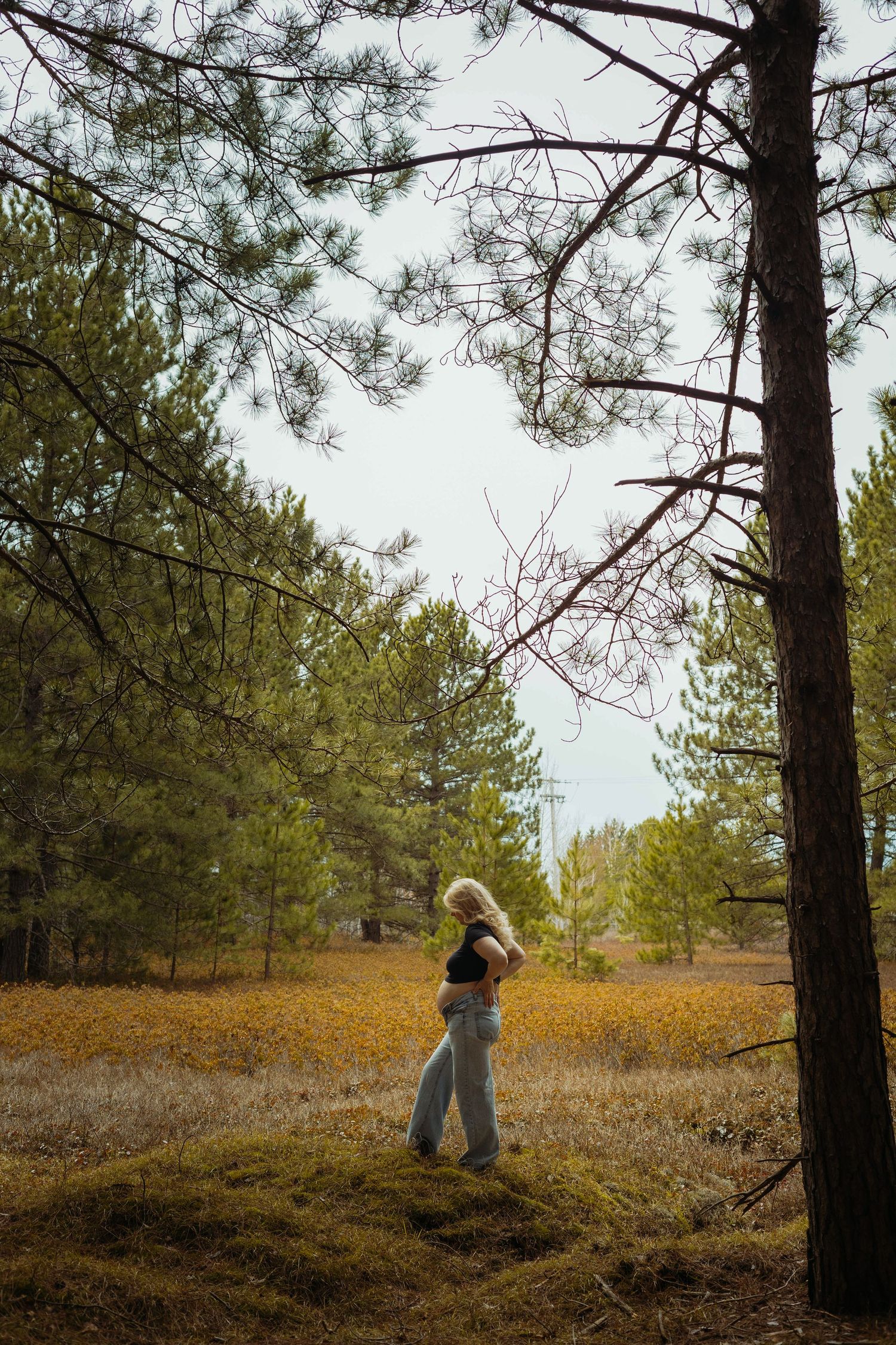 A blonde woman in jeans and black top stands among pine trees in an autumn forest with golden ground cover.