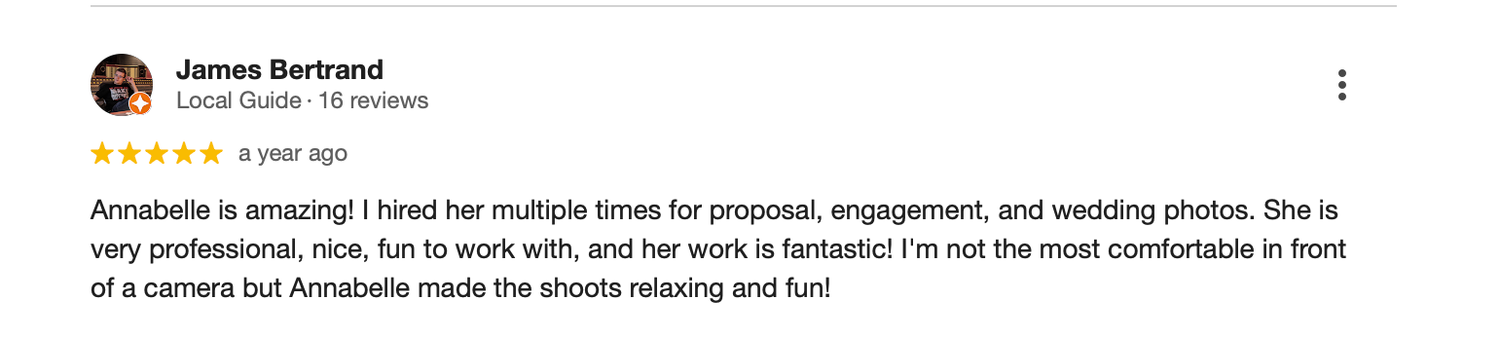 A 5-star review praising multiple business services including wedding photos, events and client meetings.