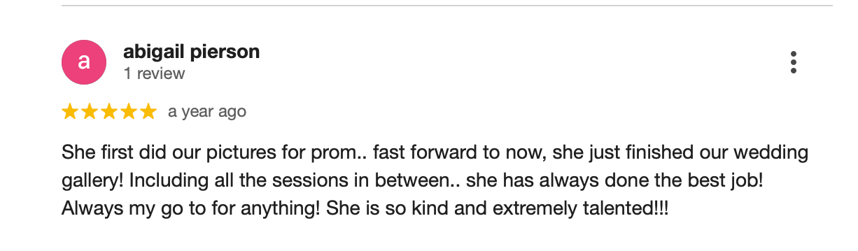 Five star rating review with pink profile icon and positive wedding gallery feedback text on light background.