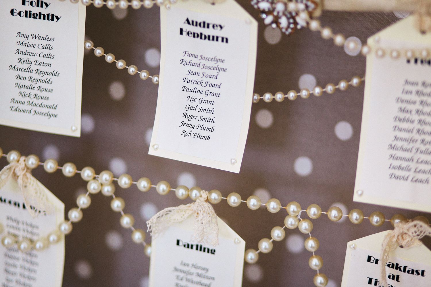 Wedding reception seating chart display with string lights in the background.