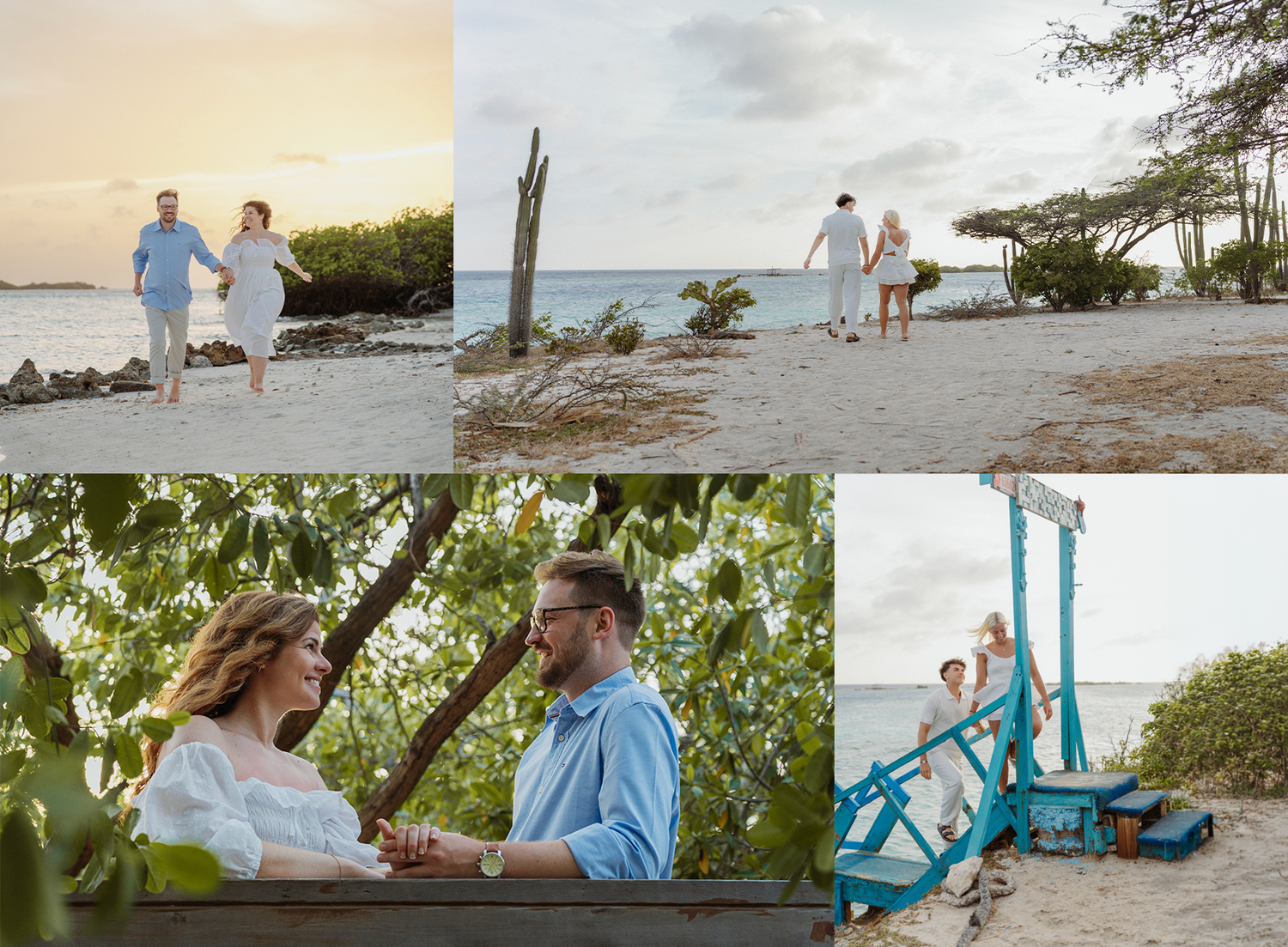 Couple walking hand-in-hand on a tropical beach at sunset, sitting on a bench, and posing near a turquoise bike swing.