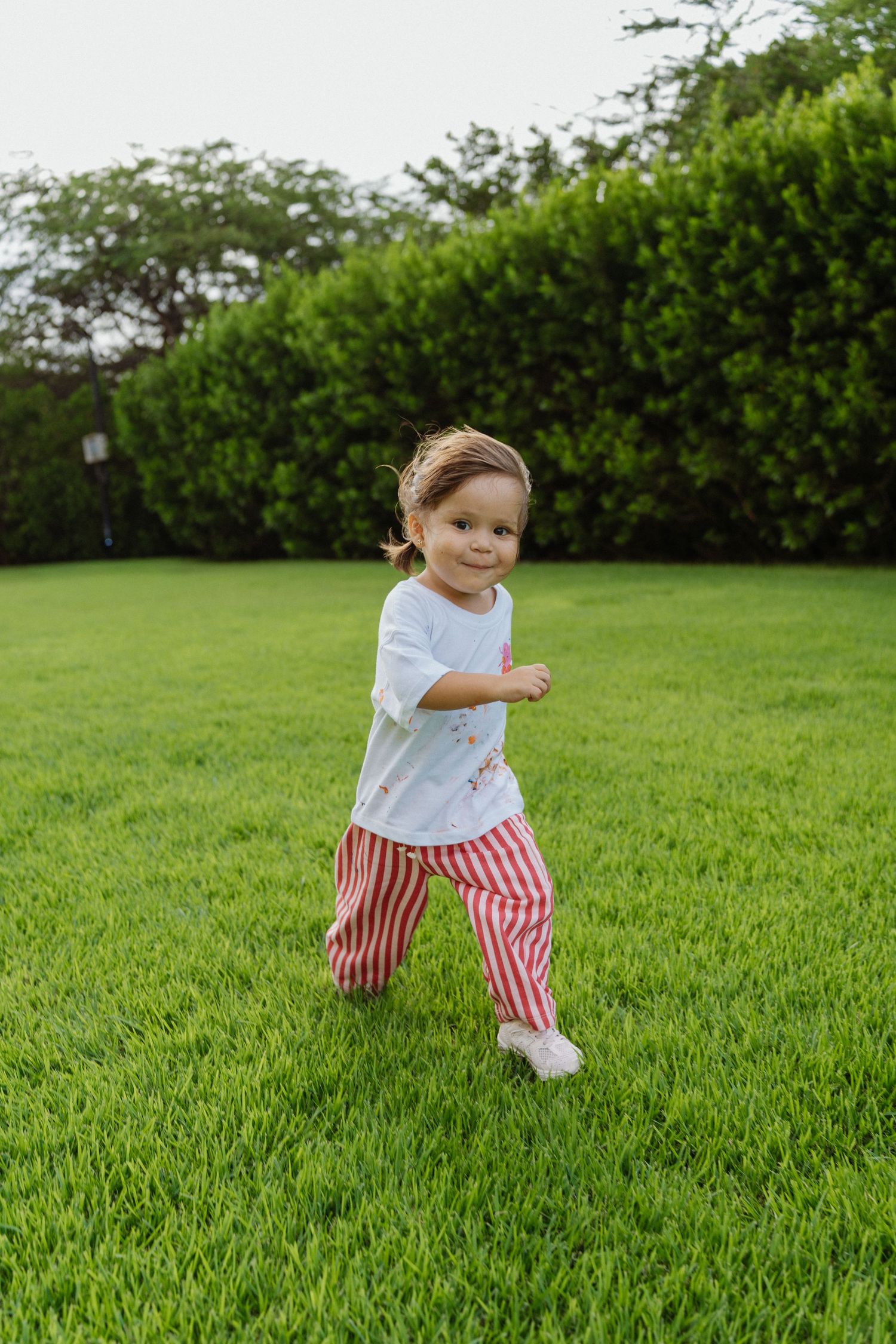 Toddler in white shirt and red striped pants running on lush green grass in a garden.