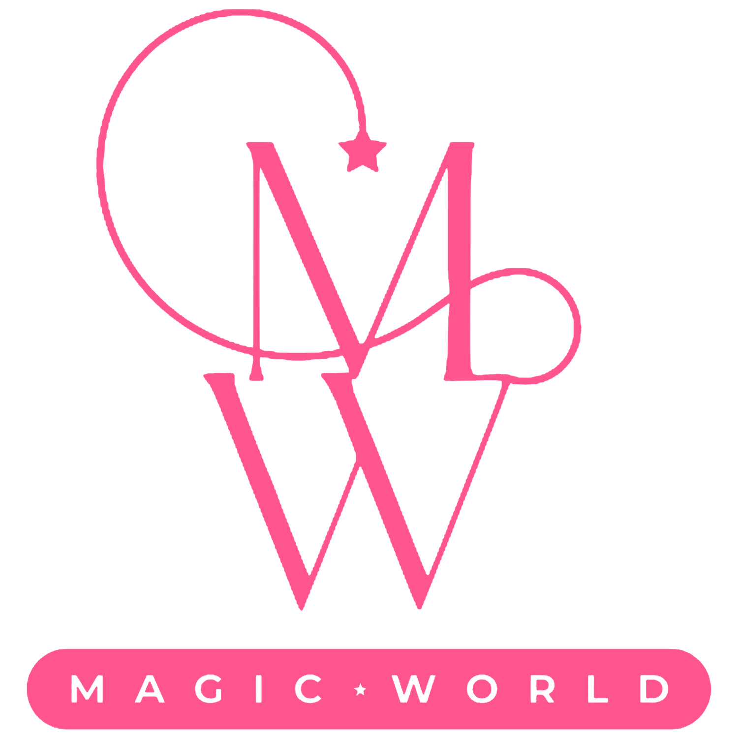 Pink text logo designs for Magic World company arranged in a horizontal row with star accents.