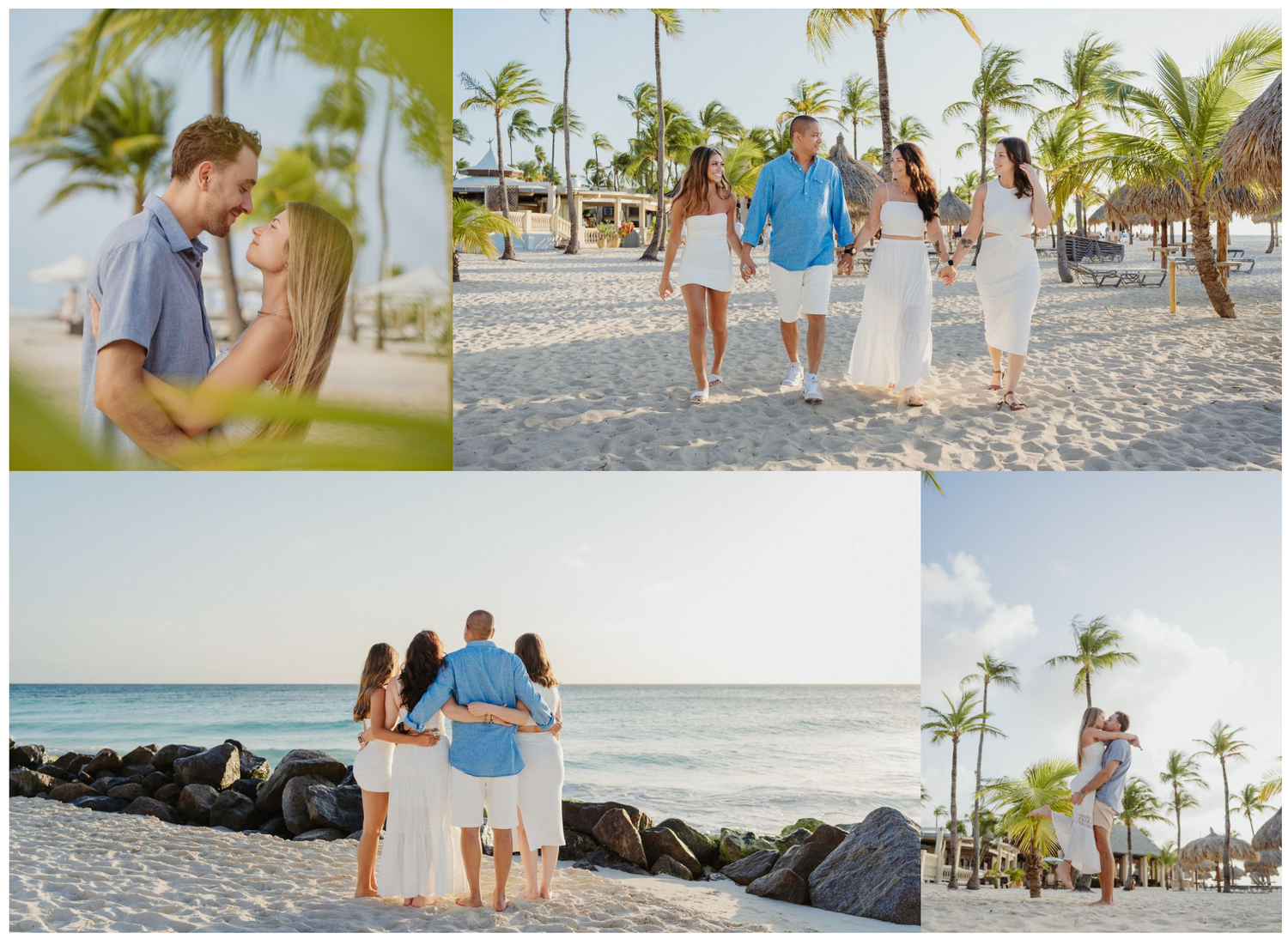 A series of beachfront vacation photos showing people enjoying tropical palm-lined shores and sandy beaches at sunset.