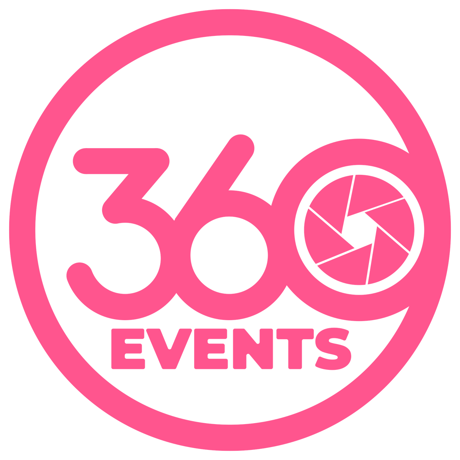Pink circular icons for social media and events arranged in a row with white symbols inside. 360 Events Aruba.