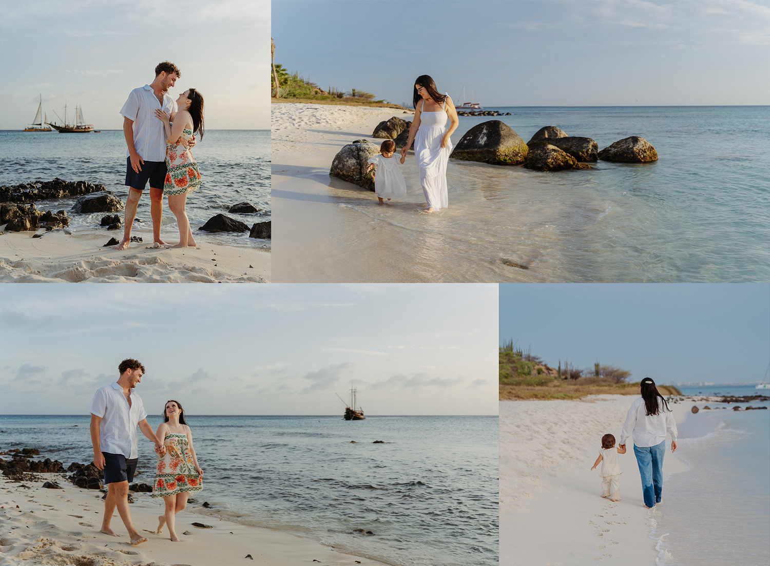 Couple and family enjoying a tropical beach photoshoot on white sand with turquoise water and rocky shoreline.