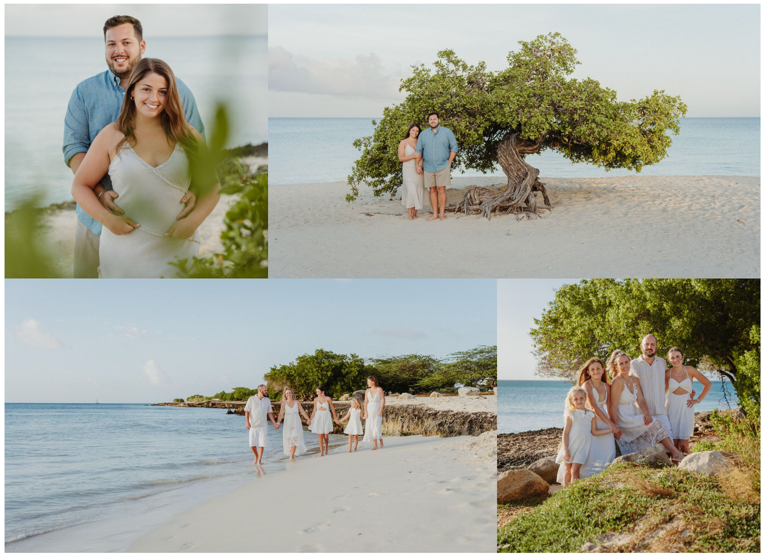 A collage of three beachside photos featuring a tree, sandy shoreline and ocean views at a tropical destination.