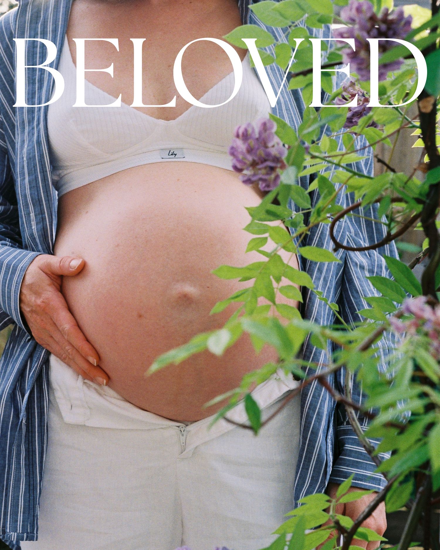 A collage of four pregnancy photos showing a growing baby bump against a backdrop of purple lilac flowers and greenery.