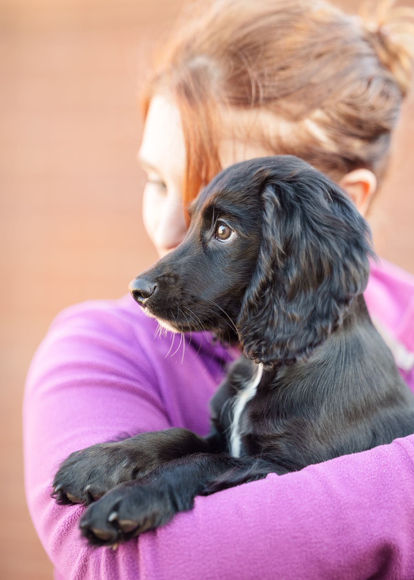 A lady holding a black puppy in her arms